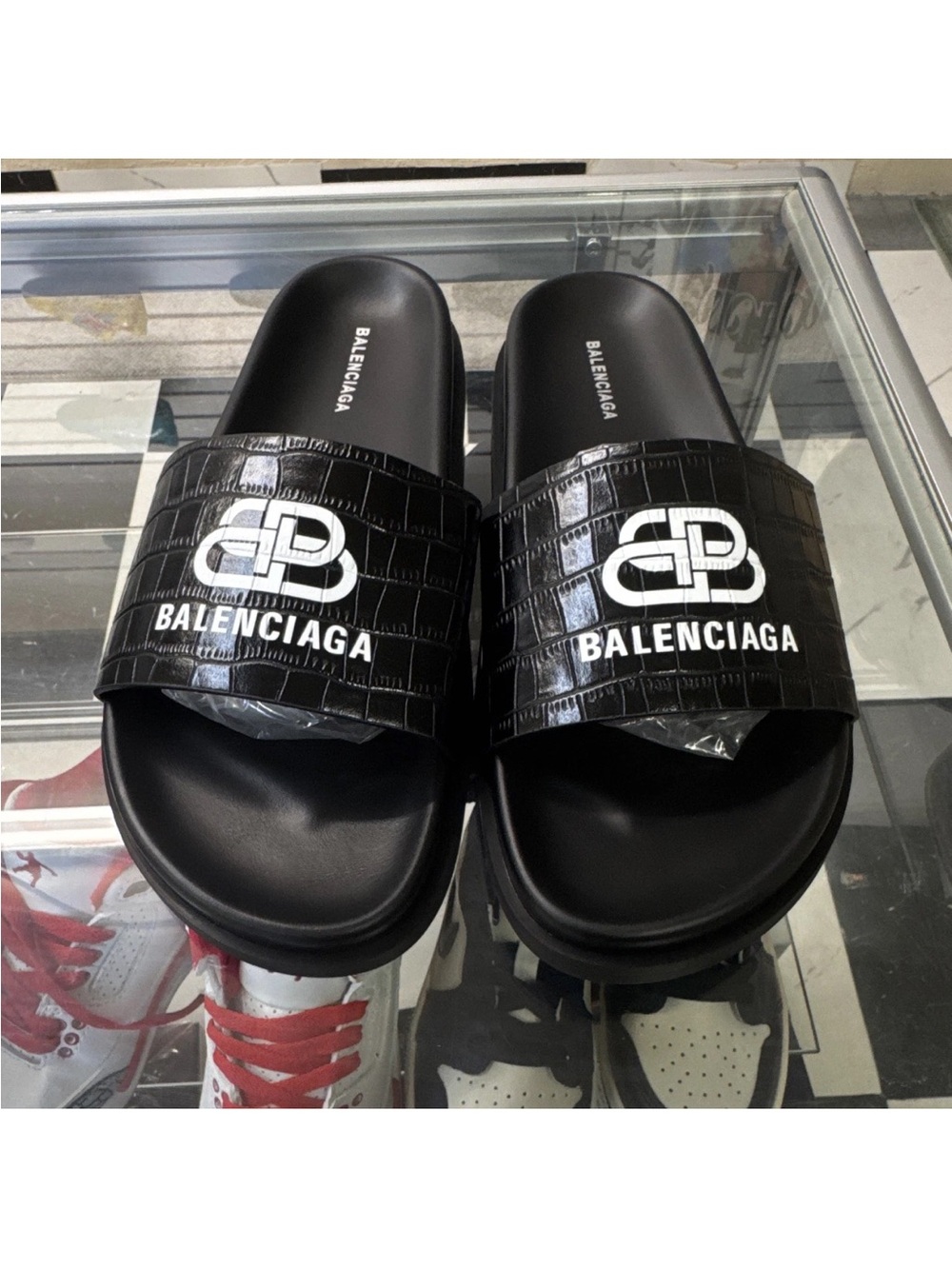 Balenciaga Black Croc-Effect Logo Slide Sandals with White Logo